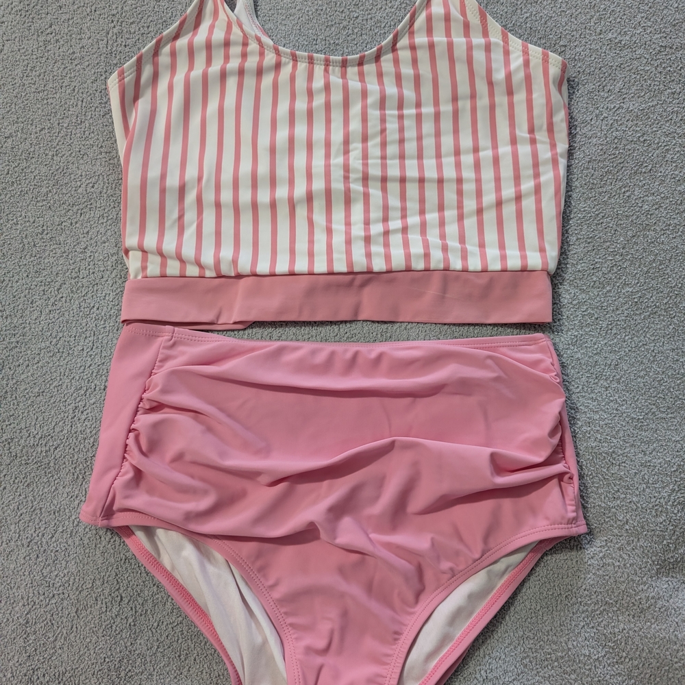 Pink Striped Womens Swim Set